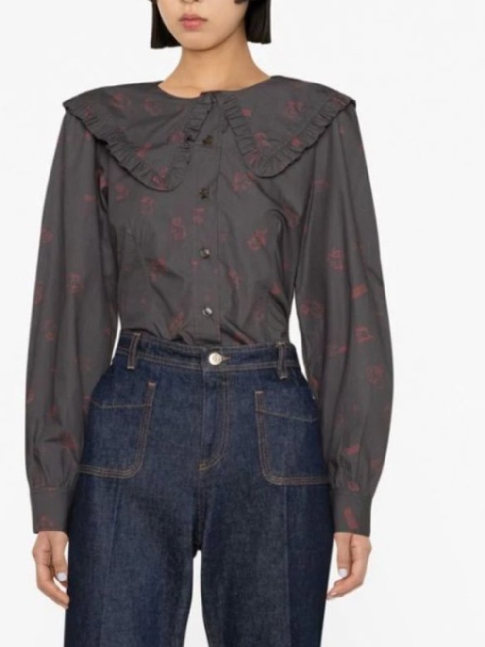 GANNI bunny rabbit print peter pan big collar long sleeve button down shirt top